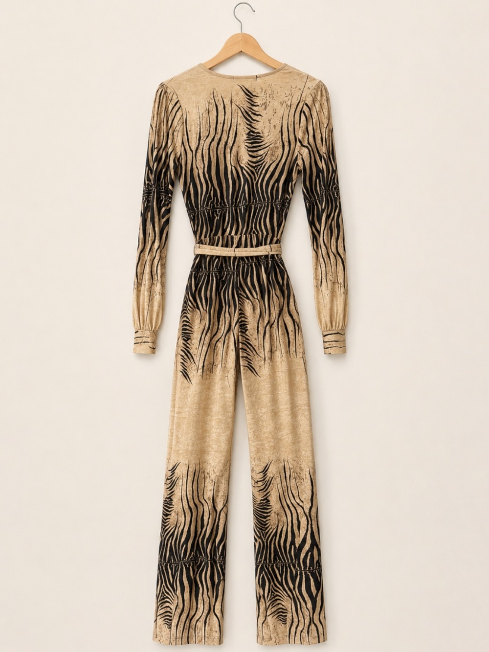 Cameo Zebra Animal Print Long Sleeve Belted Wide Leg Jumpsuit Beige Black - Picture 3 of 7